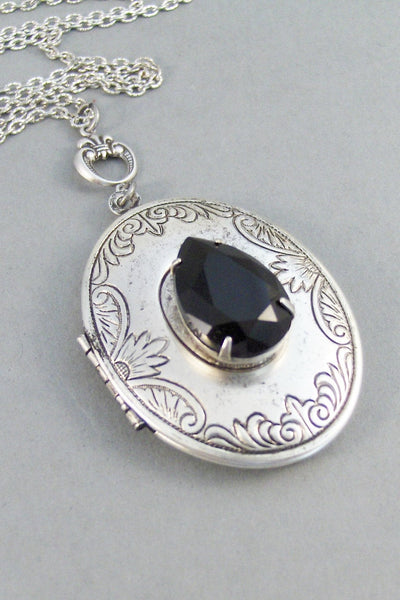 Midnight,Locket,Antique Locket,Silver Locket,Black,Black Stone,Black Rhinestone,Vintage Rhinestone,Black Locket,Noir.Valleygirldesigns.
