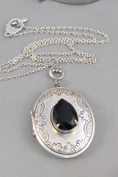 Midnight,Locket,Antique Locket,Silver Locket,Black,Black Stone,Black Rhinestone,Vintage Rhinestone,Black Locket,Noir.Valleygirldesigns.