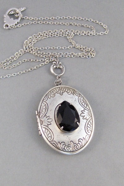 Midnight,Locket,Antique Locket,Silver Locket,Black,Black Stone,Black Rhinestone,Vintage Rhinestone,Black Locket,Noir.Valleygirldesigns.