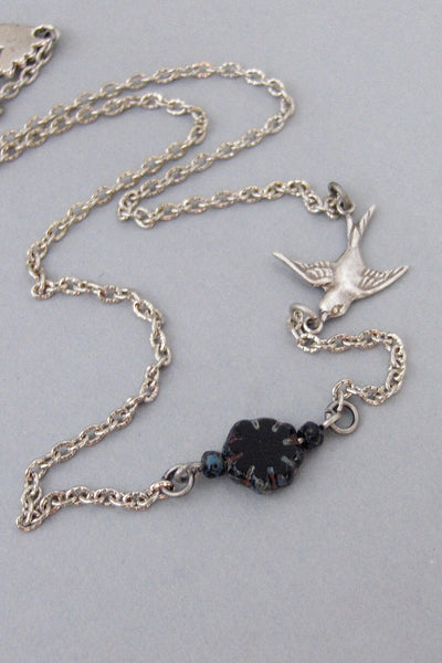 SALE Midnight Blossom,Necklace,Bird Necklace,Bird,Flower,Black Flower,Black,Silver Bird,Summer,Boho,Gypsy,Flower Locket,.valleygirldesigns.
