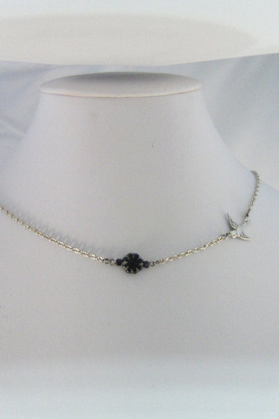 SALE Midnight Blossom,Necklace,Bird Necklace,Bird,Flower,Black Flower,Black,Silver Bird,Summer,Boho,Gypsy,Flower Locket,.valleygirldesigns.
