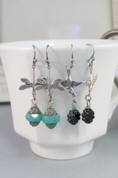 Midnight Blossom,Earring,Bird Earring,Flower Earring,Black Earring,Bird,Flower,Black Flower,Silver Bird,Summer,Boho,Gypsy.valleygirldesigns.