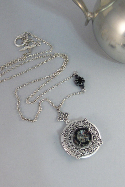 Midnight Blossom,Flower,Black Flower,Silver Locket,Locket,Necklace,Antique Locket,Summer,Boho,Gypsy,Flower Locket,Floral.valleygirldesigns.