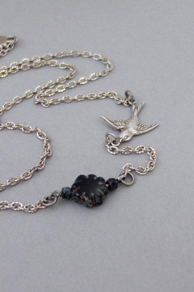 SALE Midnight Blossom,Necklace,Bird Necklace,Bird,Flower,Black Flower,Black,Silver Bird,Summer,Boho,Gypsy,Flower Locket,.valleygirldesigns.