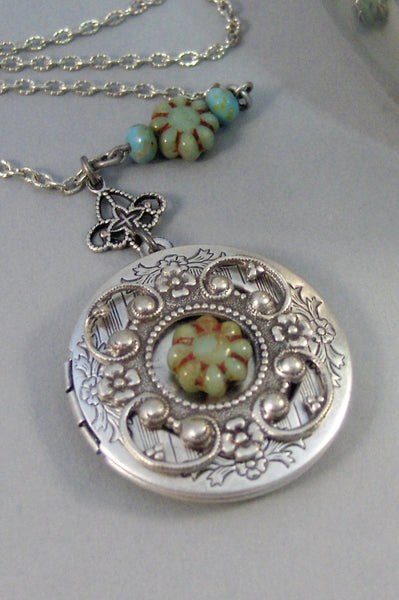 SALE/Green Blooms,Silver Locket,Locket,Antique Locket,Blue,Green Green Stone, Locket,blue Locket,Boho,Gypsy,Floral.valleygirldesigns.