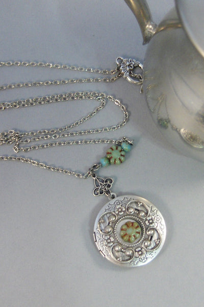 SALE/Green Blooms,Silver Locket,Locket,Antique Locket,Blue,Green Green Stone, Locket,blue Locket,Boho,Gypsy,Floral.valleygirldesigns.