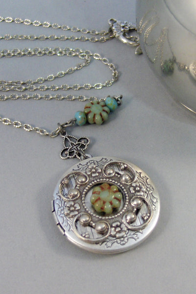 SALE/Green Blooms,Silver Locket,Locket,Antique Locket,Blue,Green Green Stone, Locket,blue Locket,Boho,Gypsy,Floral.valleygirldesigns.