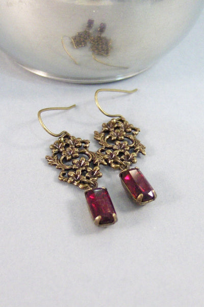 Floral Garnet,Earrings,Vintage Earrings,Garnet Earrings,Brass Earrings,Garnet,Birthstone,January. Handmade Jewelry by valleygirldesigns.