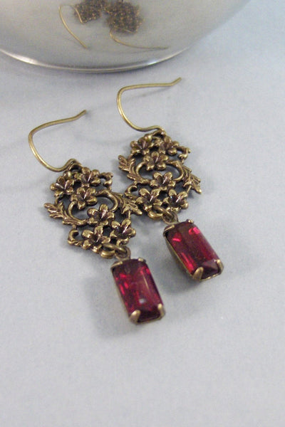 Floral Garnet,Earrings,Vintage Earrings,Garnet Earrings,Brass Earrings,Garnet,Birthstone,January. Handmade Jewelry by valleygirldesigns.