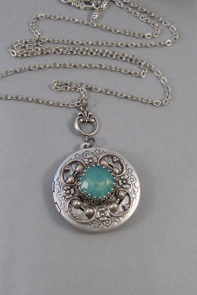 SALE Ocean Opal,Opal,Locket,Antique Locket,Silver Locket,Moon,Aqua Stone,Princess Cut.Birthstone,Mint Opal,Chrysolite,Valleygirldesigns.
