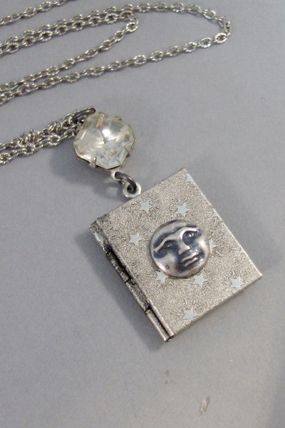 SALE Stardust,Locket,Silver Locket,Moon,Star,Night,Goddess,Locket,Antique Locket,Vintage Locket,Book Locket,Diamond  valleygirldesigns.