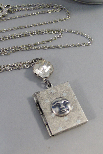 SALE Stardust,Locket,Silver Locket,Moon,Star,Night,Goddess,Locket,Antique Locket,Vintage Locket,Book Locket,Diamond  valleygirldesigns.