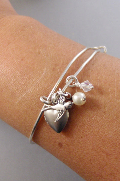 Birdies Heart,Bracelet,Bangle,Bangle Bracelet.Silver Bracelet,,Personalize,Locket,Locket Bracelet,Bird Bracelet,Bird,Lock valleygirldesigs.