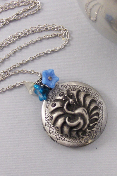 Floral Peacock,Silver Locket,Antique Locket,Peacock,Peacock Necklace,Peacock Locket,Bird Necklace,Bird Locketvalleygirldesigns .