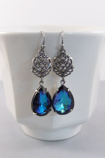 Peacock Feather Earrings,Vintage Earrings,Navy,Vintage Rhinestone,Bird,Brid Earring,Peacock,Peacock Earring,Silver Earrings,Sapphire Earring