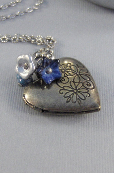Enchanted Navy,Locket,Silver Locket,Blue Flower,Locket Necklace,Antique Locket,Blue. Handmade jewelry by valleygirldesigns.