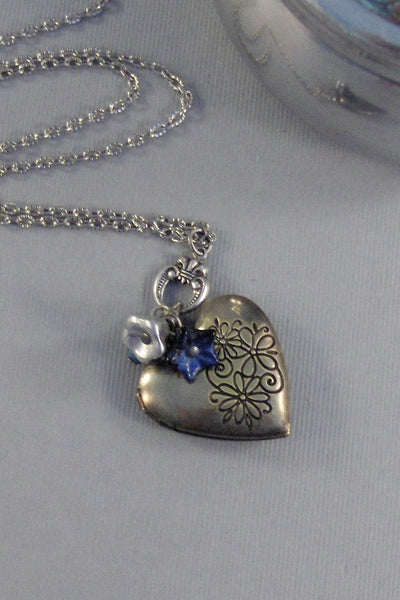 Enchanted Navy,Locket,Silver Locket,Blue Flower,Locket Necklace,Antique Locket,Blue. Handmade jewelry by valleygirldesigns.