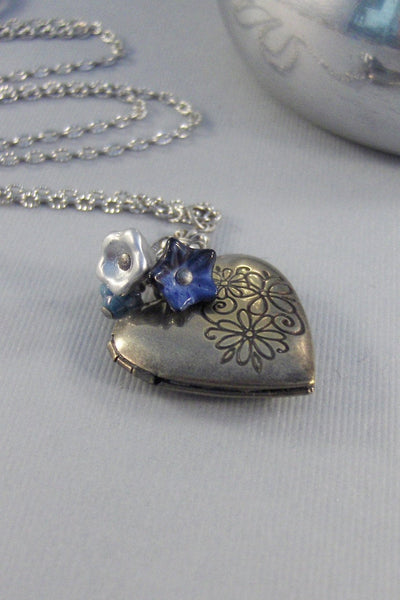 Enchanted Navy,Locket,Silver Locket,Blue Flower,Locket Necklace,Antique Locket,Blue. Handmade jewelry by valleygirldesigns.
