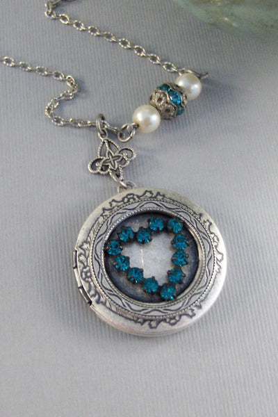 SALE Love You STill,Vintage,Vintage Aqua,Heart Necklace,Locket,Baroque Jewelry,Baroque,Silver Baroque Locket,Aqua Locket,Aqua Rhinestone