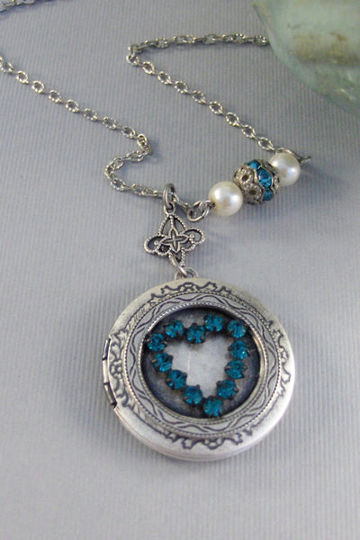 SALE Love You STill,Vintage,Vintage Aqua,Heart Necklace,Locket,Baroque Jewelry,Baroque,Silver Baroque Locket,Aqua Locket,Aqua Rhinestone
