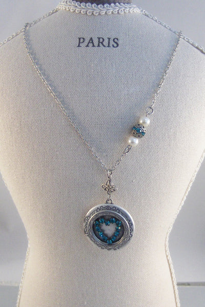 SALE Love You STill,Vintage,Vintage Aqua,Heart Necklace,Locket,Baroque Jewelry,Baroque,Silver Baroque Locket,Aqua Locket,Aqua Rhinestone