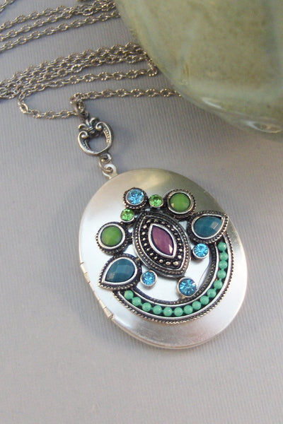 Gypsy Magic,Locket,Silver,Turquoise Necklace,Gemstone,Necklace,Antique Locket,Blue Stone,Green STone,Purple STone.valleygirldesigns.