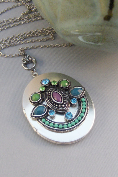 Gypsy Magic,Locket,Silver,Turquoise Necklace,Gemstone,Necklace,Antique Locket,Blue Stone,Green STone,Purple STone.valleygirldesigns.