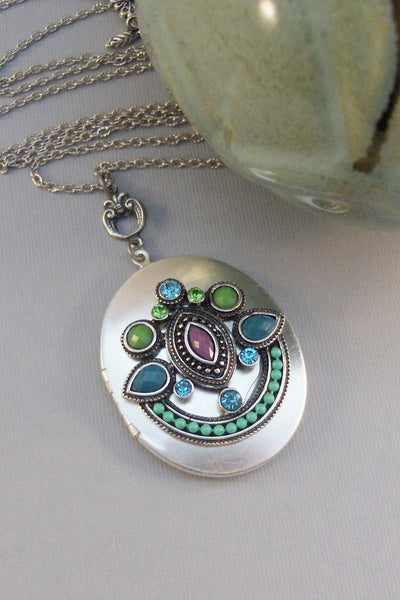 Gypsy Magic,Locket,Silver,Turquoise Necklace,Gemstone,Necklace,Antique Locket,Blue Stone,Green STone,Purple STone.valleygirldesigns.