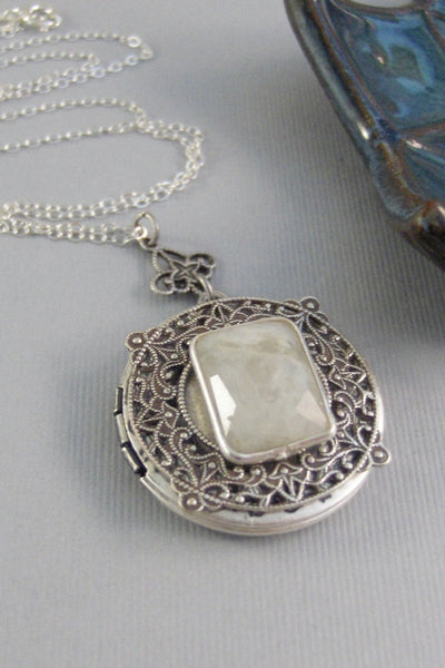 SALE Lunar Gleam,Moonstone,Moonstone Necklace,Antique Locket,Silver Locket,White Locket,,Gemstone Locket,Opal,Gemstone Necklace,Genuine