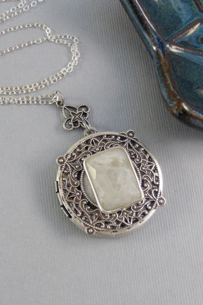 SALE Lunar Gleam,Moonstone,Moonstone Necklace,Antique Locket,Silver Locket,White Locket,,Gemstone Locket,Opal,Gemstone Necklace,Genuine