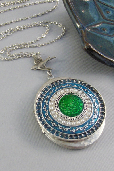 Green Goddess,Locket,Silver,Turquoise Necklace,Green Necklace,Necklace,Antique Locket,Blue Stone,Green STone,Purple STone.valleygirldesigns.