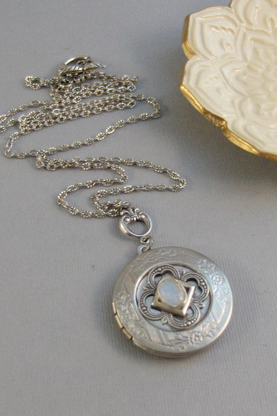 Lunar Spark,Moonstone,Moonstone Necklace,Antique Locket,Silver Locket,White Locket,,Gemstone Locket,Opal,Gemstone Necklace,Genuine Gemstone