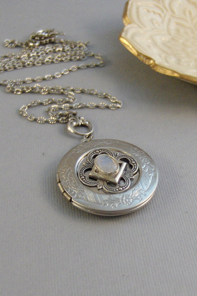 Lunar Spark,Moonstone,Moonstone Necklace,Antique Locket,Silver Locket,White Locket,,Gemstone Locket,Opal,Gemstone Necklace,Genuine Gemstone