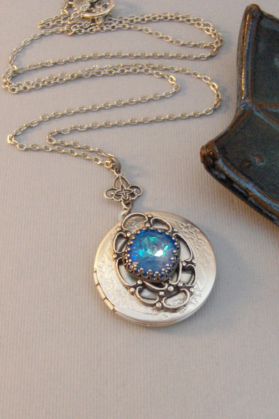 SALE Mermaid Blue,Sapphire,Sapphire Locket,Locket,Antique Locket,Silver Locket,Blue Locket,Blue Necklace,Mermaid,Blue,Green lleygirldesigns.