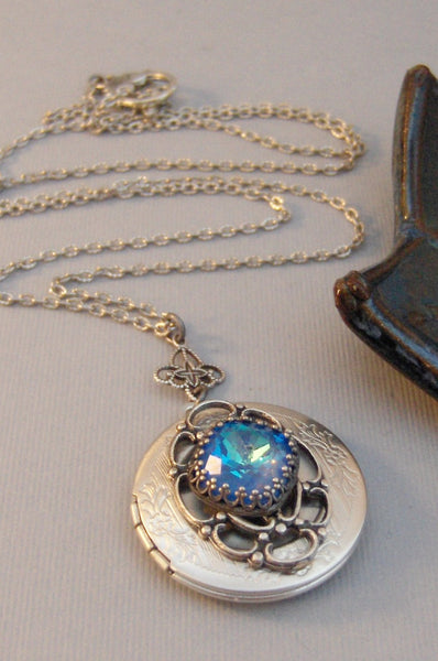 SALE Mermaid Blue,Sapphire,Sapphire Locket,Locket,Antique Locket,Silver Locket,Blue Locket,Blue Necklace,Mermaid,Blue,Green lleygirldesigns.