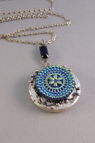 SALE Glowing Bloom,Locket,Silver,Turquoise Necklace,Gemstone,Necklace,Antique Locket,Blue Stone,Green Stone,aqua Stone.valleygirldesigns.