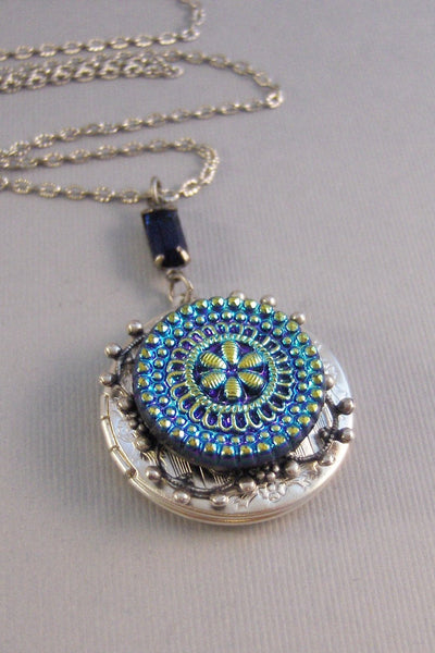 SALE Glowing Bloom,Locket,Silver,Turquoise Necklace,Gemstone,Necklace,Antique Locket,Blue Stone,Green Stone,aqua Stone.valleygirldesigns.