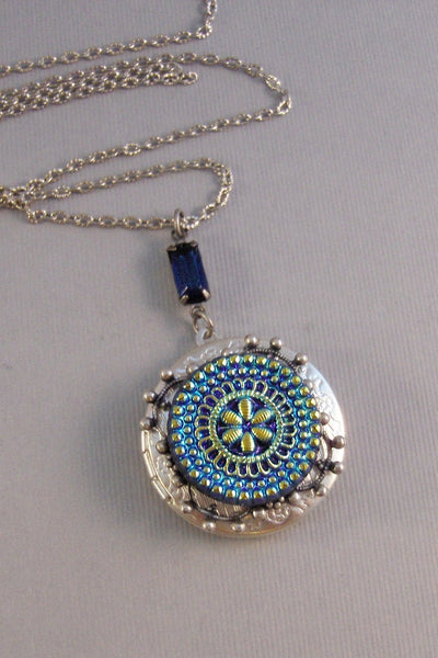 SALE Glowing Bloom,Locket,Silver,Turquoise Necklace,Gemstone,Necklace,Antique Locket,Blue Stone,Green Stone,aqua Stone.valleygirldesigns.
