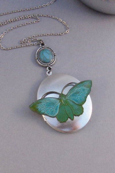 SALE Water Flutter,Butterfly,Butterfly Neckalce,Bird Neckalce,Bird Locket,Locket,Green,Green Locket,Silver Locket,Woodland valleygirldesigns