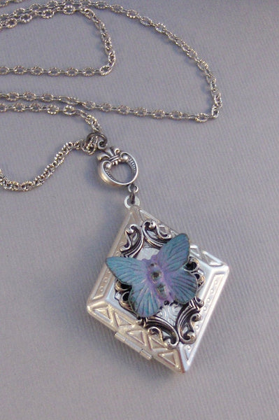 SALE Ocean Dream,Butterfly,Butterfly Neckalce,Bird Neckalce,Bird Locket,Locket,Green,Green Locket,Silver Locket,Woodland,valleygirldesigns.