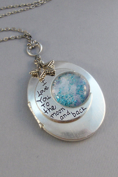 Love You Moon,Locket,Silver Locket,Moon,Moon Locket,I love you to the moon,Moon Necklace,Star Necklace,Star Locket,Love valleygirldesigns.