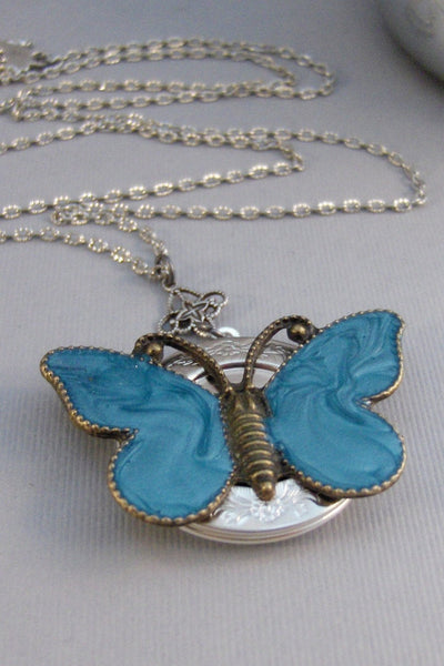 Indigo Flutter,Butterfly,Butterfly Neckalce,Bird Neckalce,Bird Locket,Locket,Green,Green Locket,Silver Locket,Woodland,Sage valleygirldesign