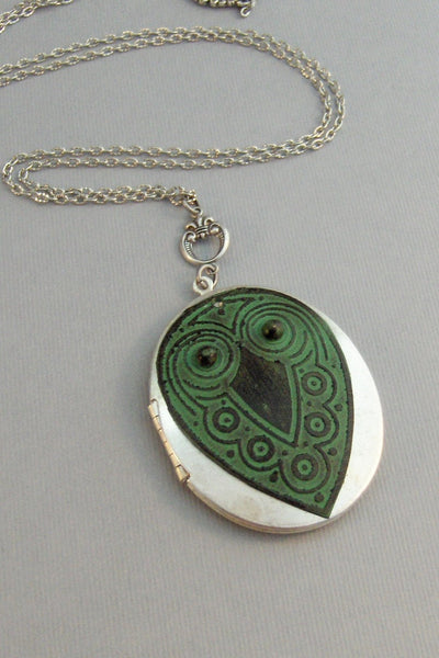 Evergreen Owl,Necklace,Locket,Owl,Green Owl,Green Locket,Owl Necklace,Green Necklace,Patina,Patina Locket,Verdigris.Valleygirldesigns