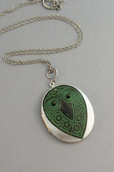 Evergreen Owl,Necklace,Locket,Owl,Green Owl,Green Locket,Owl Necklace,Green Necklace,Patina,Patina Locket,Verdigris.Valleygirldesigns