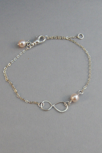 Peach Infinity,Bracelet,Bridesmaid,Sterling Silver,Infinite,Peach Bracelet,Coral Bracelet,Blush,Peach Pearl,Coroal Pearl valleygirldesigns.