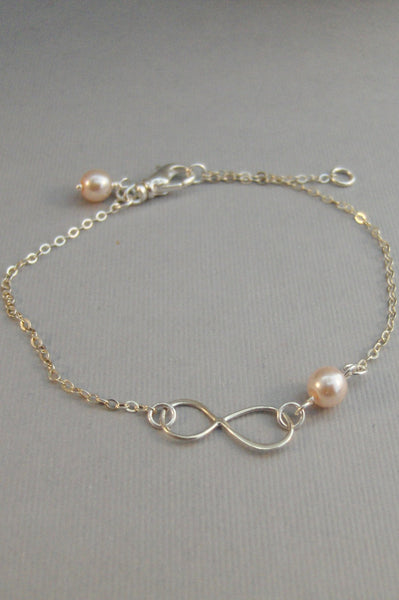 Peach Infinity,Bracelet,Bridesmaid,Sterling Silver,Infinite,Peach Bracelet,Coral Bracelet,Blush,Peach Pearl,Coroal Pearl valleygirldesigns.