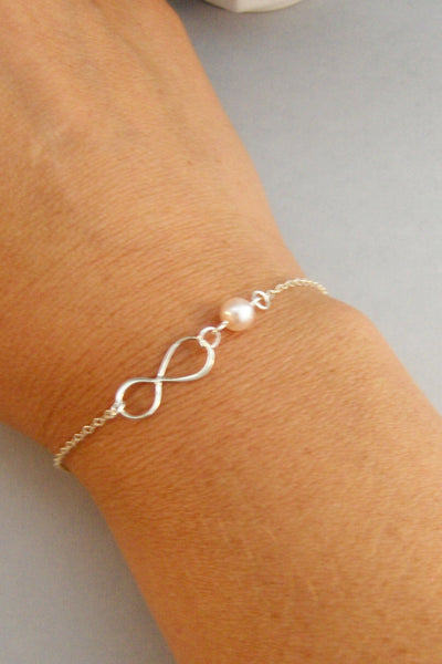 Peach Infinity,Bracelet,Bridesmaid,Sterling Silver,Infinite,Peach Bracelet,Coral Bracelet,Blush,Peach Pearl,Coroal Pearl valleygirldesigns.