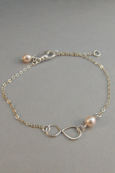 Peach Infinity,Bracelet,Bridesmaid,Sterling Silver,Infinite,Peach Bracelet,Coral Bracelet,Blush,Peach Pearl,Coroal Pearl valleygirldesigns.
