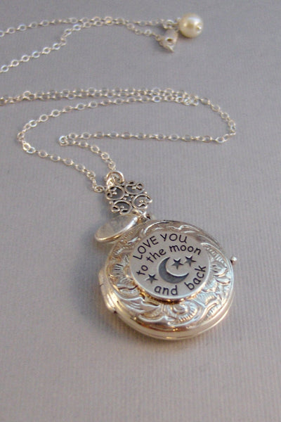 SALE Love You,Sterling Silver Locket,Locket,Silver Locket,Moonstone,Moonstone Locket,Love you to the moon,Moon Locket,Love you to the moon