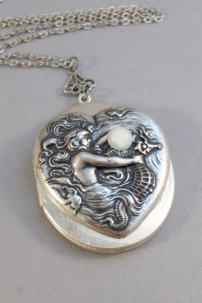 Mermaid's Moon,Locket,Mermaid,Mermaid Locket,Antique Locket,Silver Locket,Goddess,Ocean Locket,Moonstone,Moonstone Necklace,Seahorse
